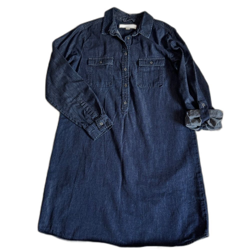 LOFT Size Small Petite Collared, button placket, long sleeve, denim Midi dress